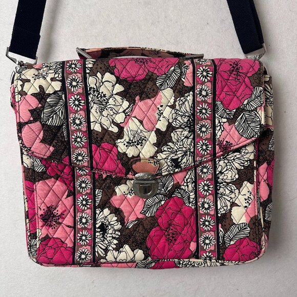 Vera Bradley Pink Floral Mocha Rouge Attache Laptop Messenger Bag‎ - Picture 1 of 6